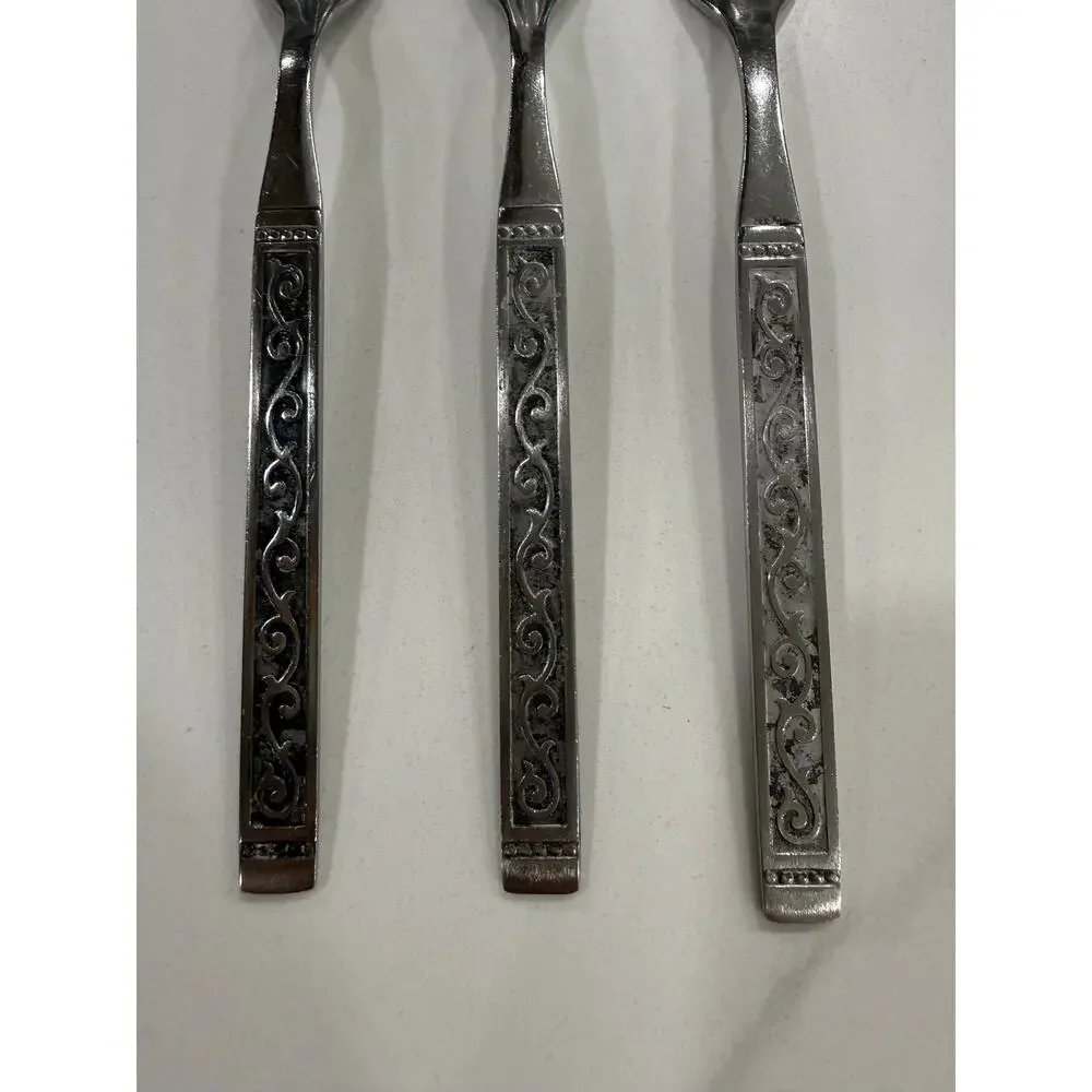 VINTAGE Oneida Spanish Court Salad Forks Set of 6 Stainless Black Scroll MCM